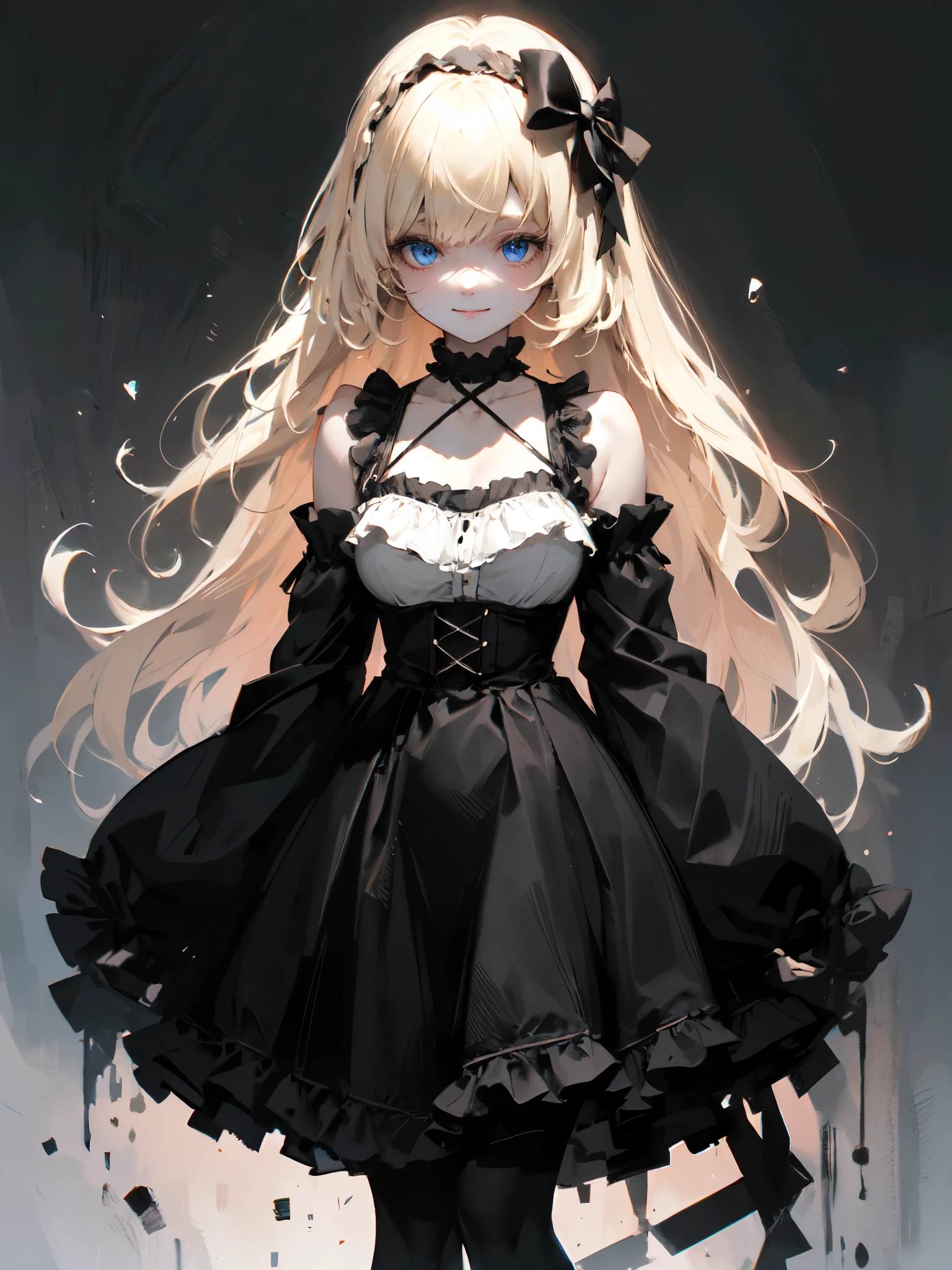 ultra detailed, masterpiece, best quality, solo, soft smile, light smile, 
1girl, blue eyes, very long hair, blonde hair, long blonde hair, french braid, bangs, medium breasts,
hair ribbon, frilled choker, criss-cross halter, sleeveless dress, high-waist skirt, backless dress, waist bow, detached sleeves, frilled sleeves, wide sleeves, pantyhose, patterned legwear, mary janes, watercolor, lineart, rough sketch, RGB, chromatic aberration,