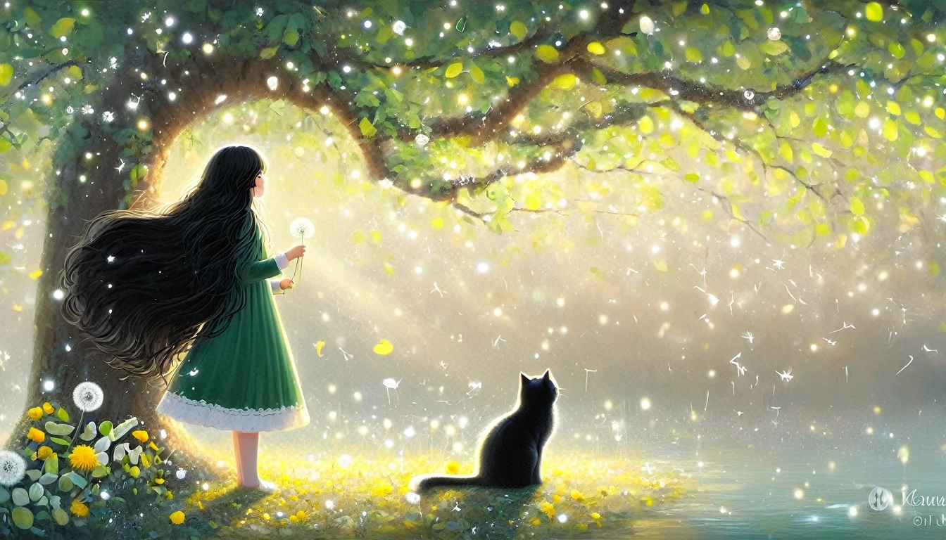 1 Girl, 独奏, Long hair, Black Hair, Long sleeve, skirt, Keep, perpetual, myopia, flower, Artist Name, sign, from the side, Tree, contour, animal, Watermark, Wavy Hair, flower卉印flower, Cat, plant, , Nature, Network skirt, forest, curls, Green dress, vine，Glowing silver light，Innocence，storybook-like，A gentle depiction of Nature，Wear，so beautiful, in the style of Amanda clark, Evgeni gordiets