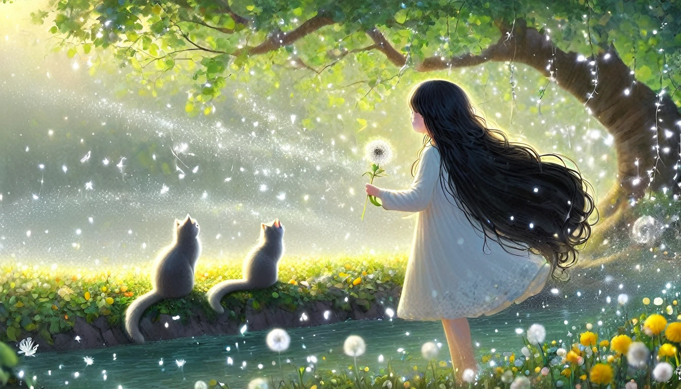 1 Girl, 独奏, Long hair, Black Hair, Long sleeve, skirt, Keep, perpetual, myopia, flower, Artist Name, sign, from the side, Tree, contour, animal, Watermark, Wavy Hair, flower卉印flower, Cat, plant, , Nature, Network skirt, forest, curls, Green dress, vine，Glowing silver light，Innocence，storybook-like，A gentle depiction of Nature，Wear，so beautiful, in the style of Amanda clark, Evgeni gordiets