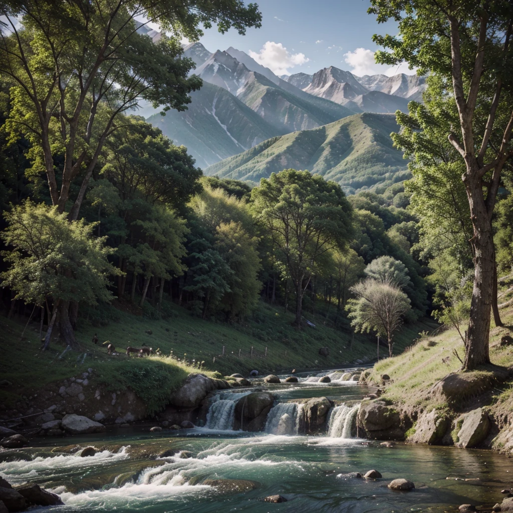 mountains and streams and rural villages There were lush trees and wild animals and two horses. High resolution, details, high resolution model,