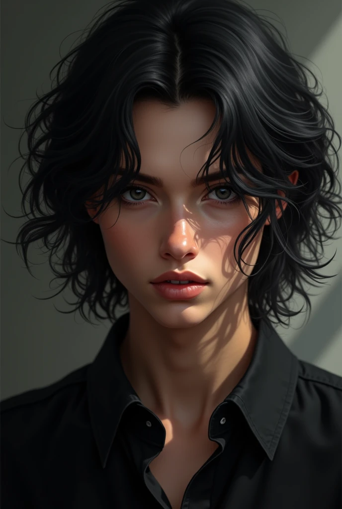 You have black and wavy hair, with locks that fall loose on your face combed to the front , framing your features. Your eyes are black and narrow, with a shape reminiscent of a tiger ,your face is square, with defined and angular lines, a slightly large nose. Your height is 1.75 m, with a mesomorphic complexion, You are wearing a black shirt Realistic