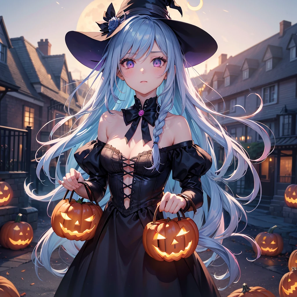 (Sky blue braided medium length hair), (Pink eyes),Fair skin) ,(whole body),(One Girl),(Crescent Moon),(A large number of pumpkin ghosts in the background),(Trick or Treat),Halloween Party),(masterpiece, Highest quality, Very detailed, Best Shadow), (Detailed Background), (Beautifully detailed face), High Contrast, (Best lighting, Very delicate and beautiful), ((Cinematic Light)), Hyper Detail,8k, Dramatic Light, Intricate details,Witch's Clothes,Magic broom,night,Bats fly in the sky,