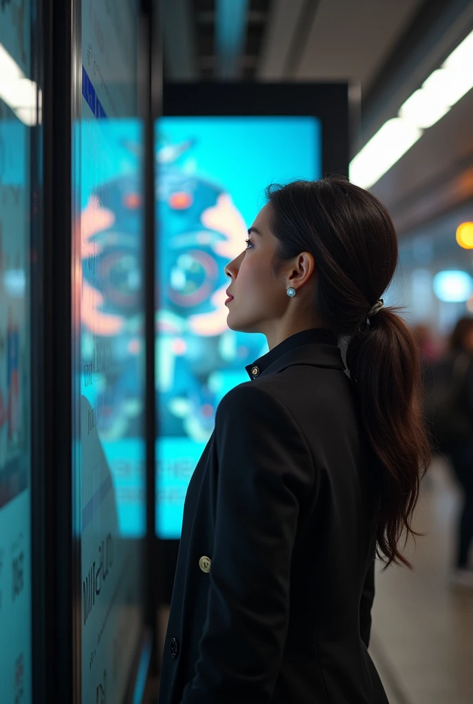 Lady in a hurry watching an advertisement