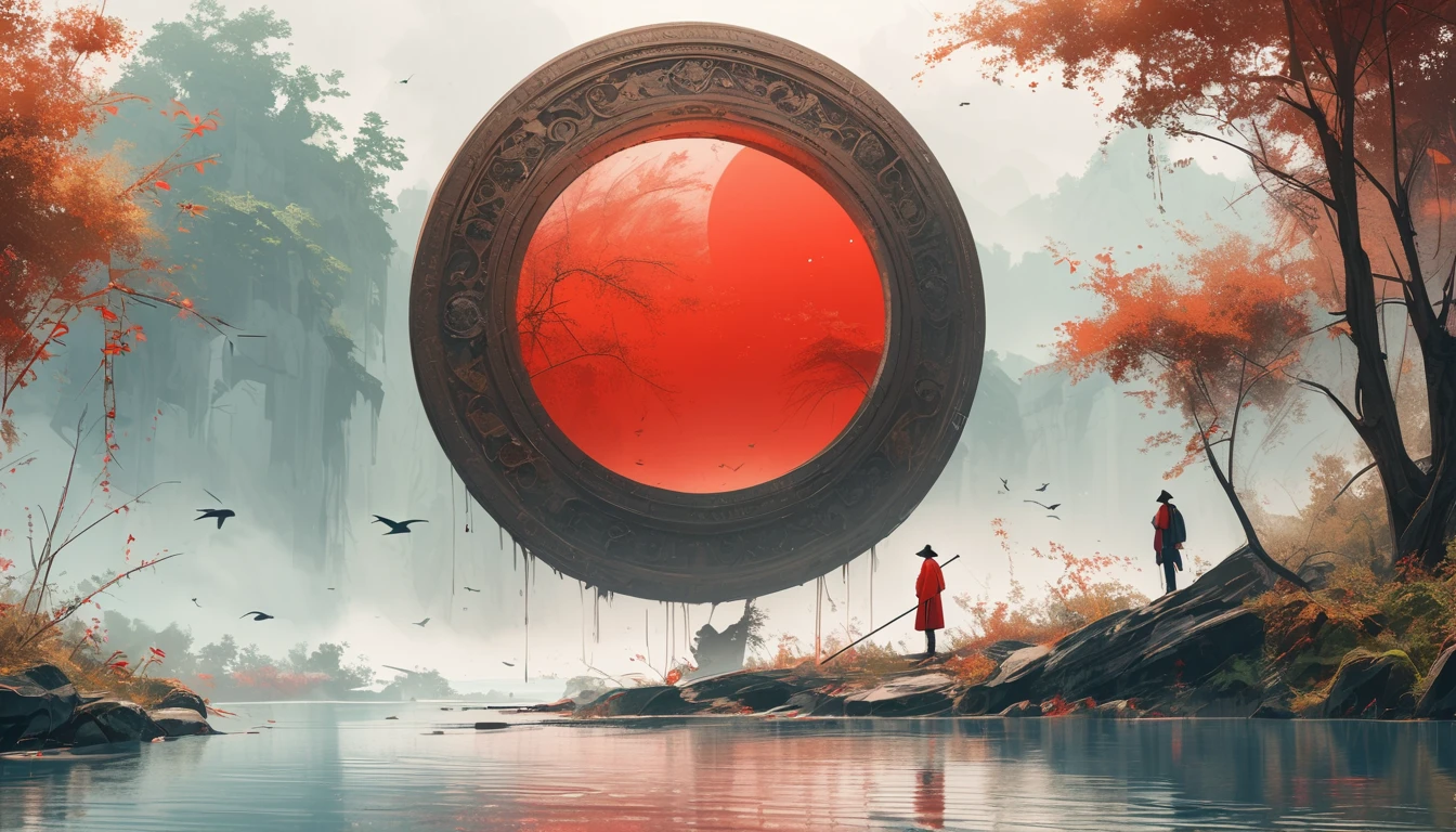Minimalist composition red sun with black man sitting on it mirror reflection of tree and water surface, surrealism, clean background, in the style of cinema4d rendering, high resolution photography, dream scene, minimalist sculpture art installation