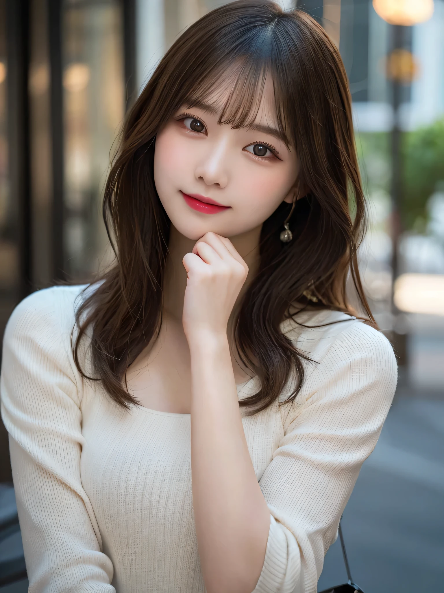 Tabletop, Highest quality, shape, Very detailed, finely, High resolution, 8k wallpaper, Perfect dynamic composition, Beautiful and detailed, Beautiful straight hair,Small breasts,Natural color lip, 20-year-old girl、cute、Always blur the background,Perfect and beautiful face,Slim face and figure,Big eyes、Putting on gal makeup,Actual Photos（Best image quality）、Full Body Shot、smile、Metropolis