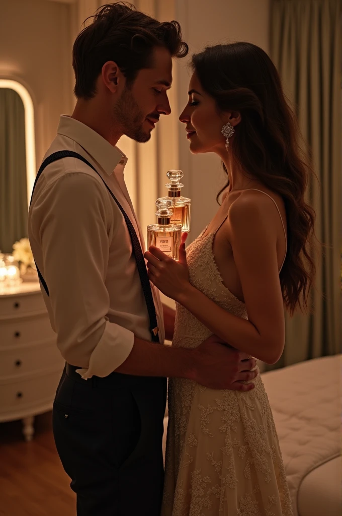 A man and woman couple holding perfume bottles and passing them around each other