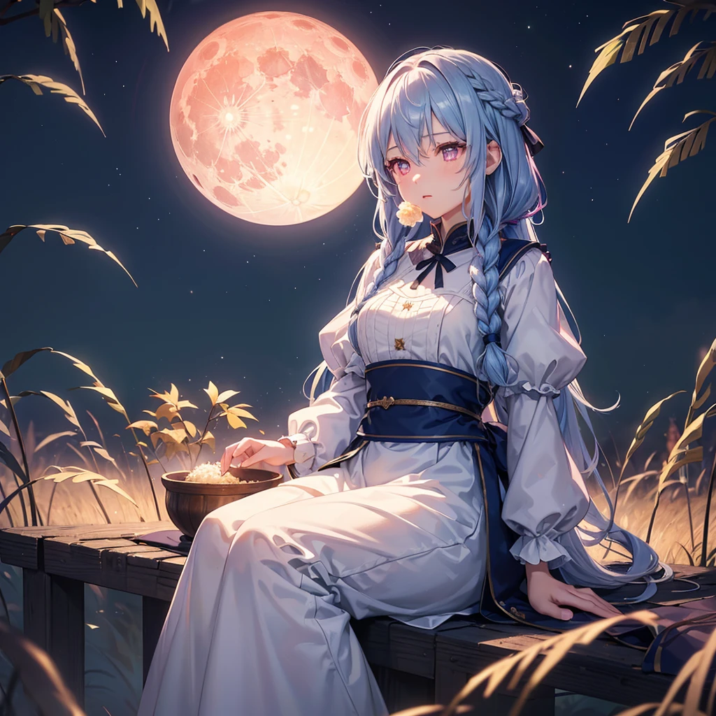 (Sky blue braided medium length hair), (Pink eyes),Fair skin)  ,(whole body),(One Girl),(harvest moon),(A large amount of Miscanthus sinensis in the background),(full moon),(masterpiece, Highest quality, Very detailed, Best Shadow), (Detailed Background), (Beautifully detailed face), High Contrast, (Best lighting, Very delicate and beautiful), ((Cinematic Light)), Hyper Detail,8k, Dramatic Light, Intricate details,(sitting down to eat rice dumplings)