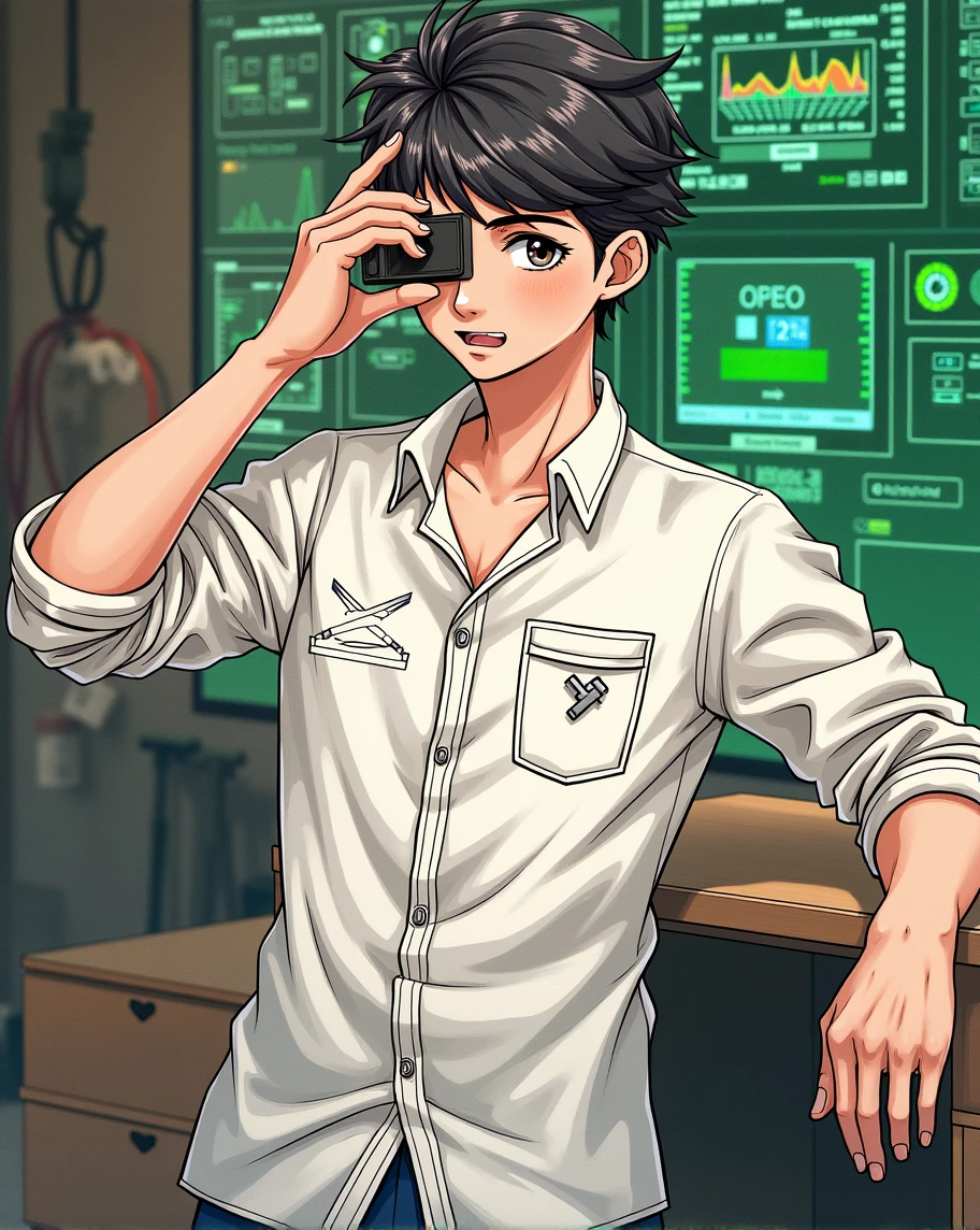 Absurd resolution, high resolution, (masterpiece: 1.4), hyper-detail, young man's messy short black hair, welder dressed up, factory high-tech workbench, tech-sense screen