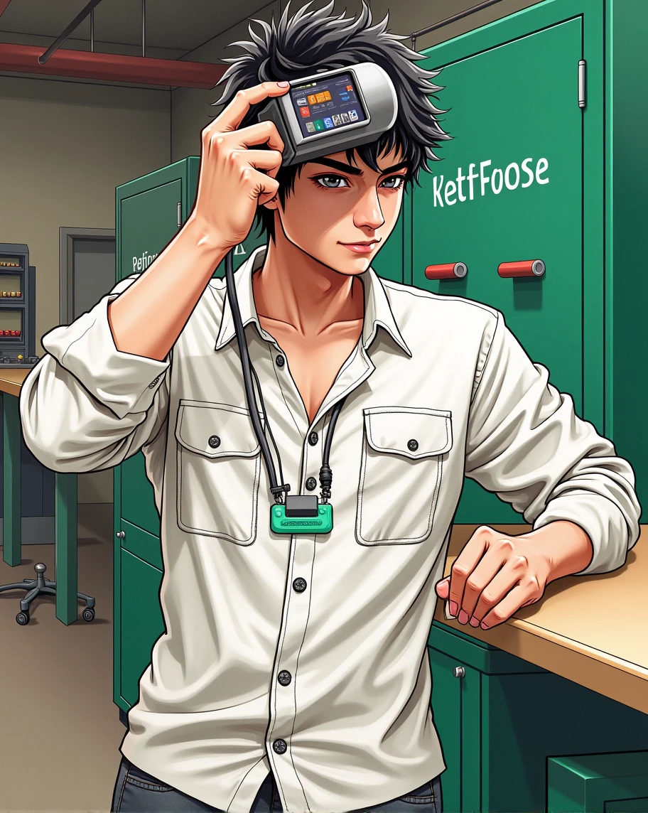 Absurd resolution, high resolution, (masterpiece: 1.4), hyper-detail, young man's messy short black hair, welder dressed up, factory high-tech workbench, tech-sense screen  
