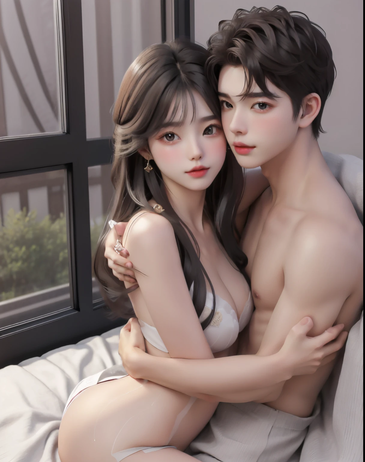 girl and boy, cuddle, boy cudding girl, Girl long brown hair, gray eyes, sharp features, white skin, cherry lips, naked, detailed breast, naked, sex position, sex, exposed vagina,