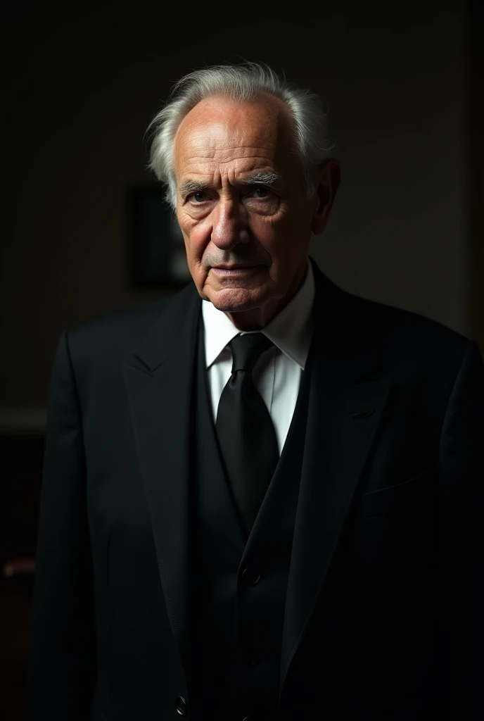 A handsome old man wearing black suite in dark room