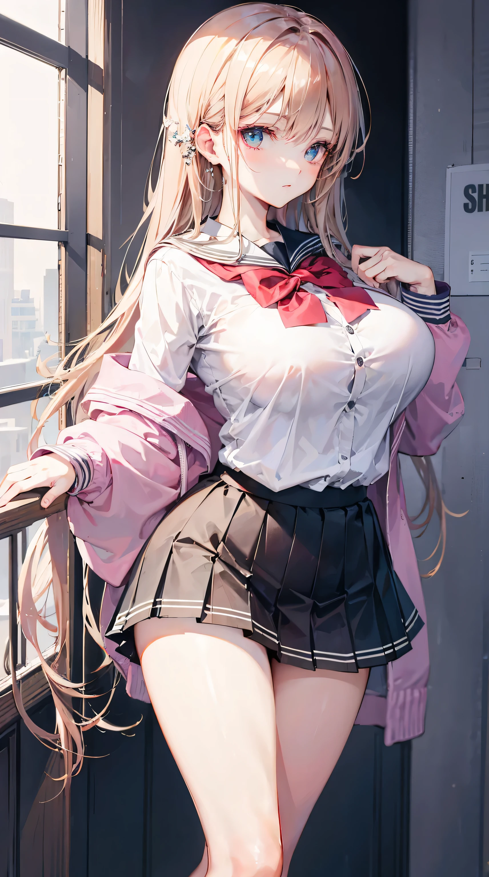 Ultra-high resolution, 8k,high quality,( Girl、glowing、iridescent light,soft shadow,Anime Painting,((school uniform,Miniskirt)),thin line drawing),One Littln,(((slim body,Slender body))),(((Huge breasts))),