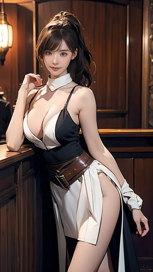 (masterpiece, best quality), Expose the middle of the breast:1.5,Female dancers in a medieval fantasy world:1.0、 (Leaning in the corner of the bar:1.0), High ponytail, night, Detailed aspects, very attractive:1.0,
((Charming smile seduces:1.0))
collar hanging around neck:1.3 Big Breasts:1.3、Buttocks、Wide waist、Wear a slit skirt to reveal your long legs:1.3 Full body photos:1.9