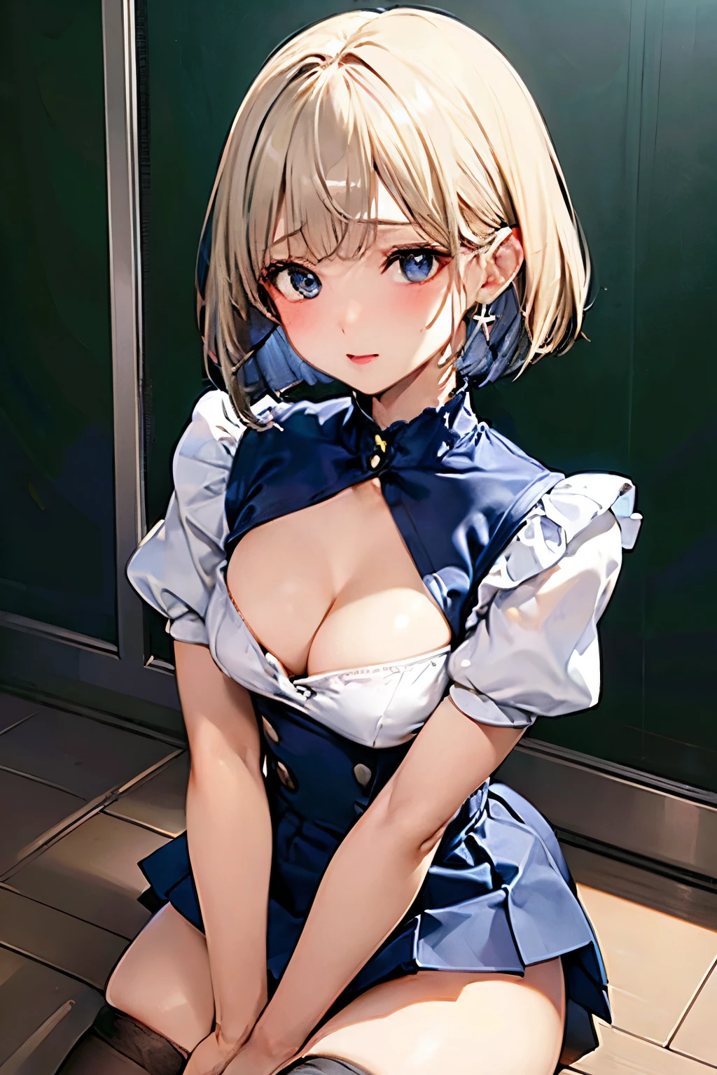 ((Highest quality)), ((masterpiece)), (detailed), Anatomically correct body shape、correct leg position、correct hand position、high school girl、White blouse、Navy Blue Skirt、Blue Eye、Blonde Bob Cut、On all fours、Place your elbows and knees on the floor、Lift your butt up high、Looking up、Angle from the front、A blouse with a wide open chest、Cleavage、Small breasts、Black high stockings、classroom