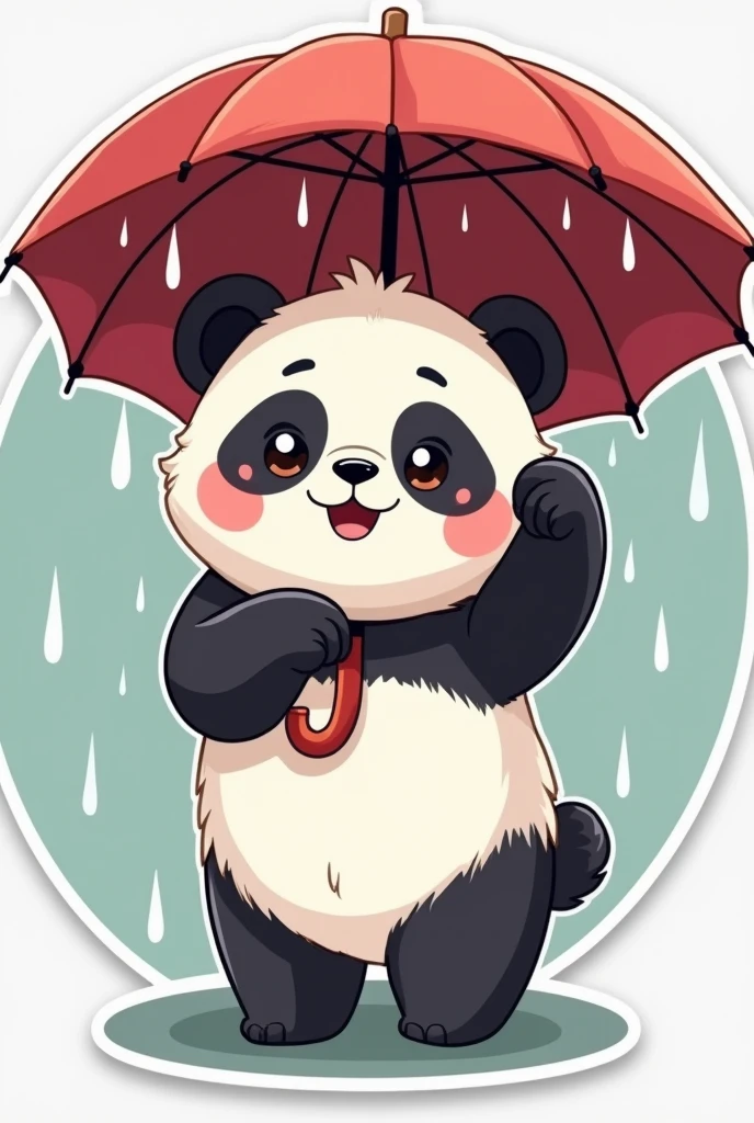 Create do cute  panda sticker style cartoon 2d,   happiness mood as first won lottery, holding umbrella protect raining 