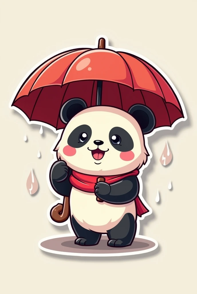 Create do cute panda sticker style cartoon 2d, happiness mood as first won lottery, holding umbrella protect raining