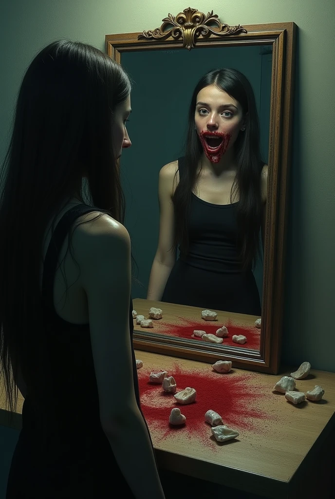  a girl looking into a mirror with her back facing you, but you see her face in the mirror. 
She has a bloody mouth( or mouth full of blood) with missing teeth, and teeth scattered on a table, some of the teeth in tact, but some teeth ground up into a powder, and some formed into lines(like to snort type lines)