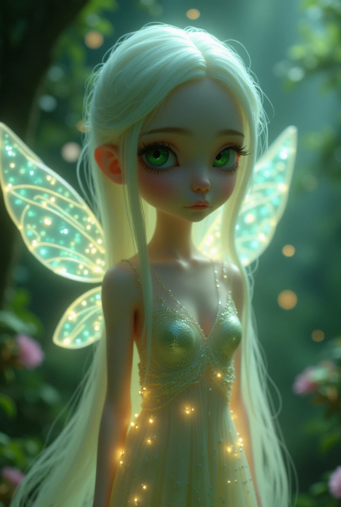 An ethereal female figure with delicate, luminescent wings, surrounded by glowing, magical creatures in an enchanted forest Subsurface skin scattering, shiny skin, iridescent dress, detailed background, ([Elizabeth Olsen|Anne Hathaway|Selena Gomez]:0.8), round cute face, green eyes, close-up, amazing fine detail, Nikon D850 film stock photograph Kodak Portra 400 camera f1.6 lens, rich colors, lifelike texture, dramatic lighting, unreal engine, trending on ArtStation, cinestill 800 tungsten
