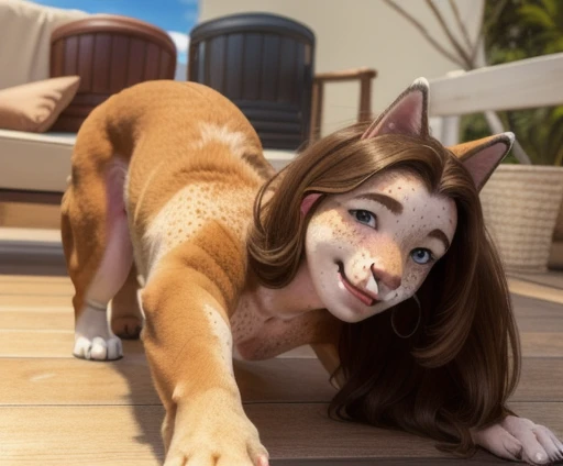 ((Naked Woman outside on the side walking on handsand knees)), ((walking on all four paws)), ((long fluffy dog tail)), ((wider hips)), ((woman reposition herself into dog stand)), ((hands turns into paws)), ((feet turns into paws)), ((woman with freckles)), (topless), brown freckles, freckled pale skin, (cute freckles), (small freckles), freckled, freckles!!!, (freckles), elegant freckles, (brown freckles), (with freckles), freckles on chicks, (dark noticeable freckles), (freckled face), (very brown freckles), rosy cheeks with freckles, (a lot of freckles), Lentigines, (breasts showing), 30 year old woman, ((freckled nose)), ((freckled chest)), hard showing, ((dog ears)) , (dog fur growing) , ((long dog nose)), blue eyes, ((bigger )), ((body reshapes into dog body)), ((anthro dog)), ((full husky transformation)), a dog wearing a purple shirt standing on a wooden floor, sfw huge breasts, devianart and cgsociety, made in 2019, paprika, the girl is scared, large hips, look what you have done, realistic cartoon, demodog, wearing an oversized sweater, joe rogan, sie boob, simba, true realistic image