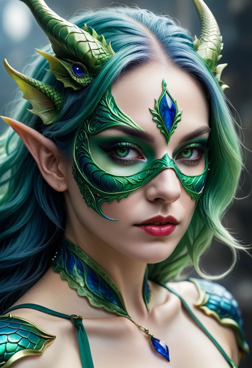 a close up of a woman with green hair, fantasy creatures, blue dragon, masked, photoreal elegant, green and blue colour palette, the element woman, intricate devilish designs, lady of the entropy, wicked