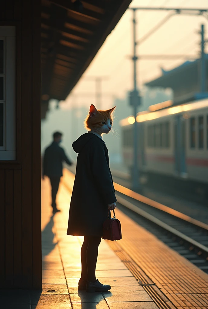35mm lens,Multiple angles,Back,side,silhouette,Overhead shot,Cat,Standing,doll,Carrying a small school bag,tram,Hokkaido,Autumn Station,Wooden house,Platform, cloak,Ruan Jia,Suit,tie, (Delicate face), (Fine fluffy fur),(35mm Cinema Lens),(Multi-angle shooting),(many viewing angles)