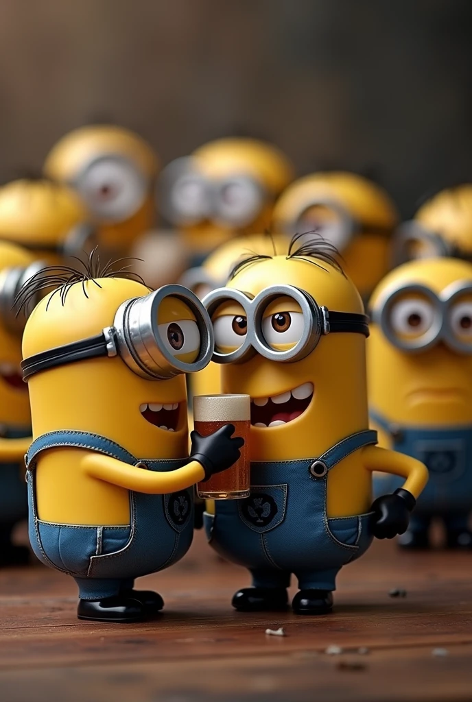 create an image of minions drinking beer and drunks without a bottom to print on a mug