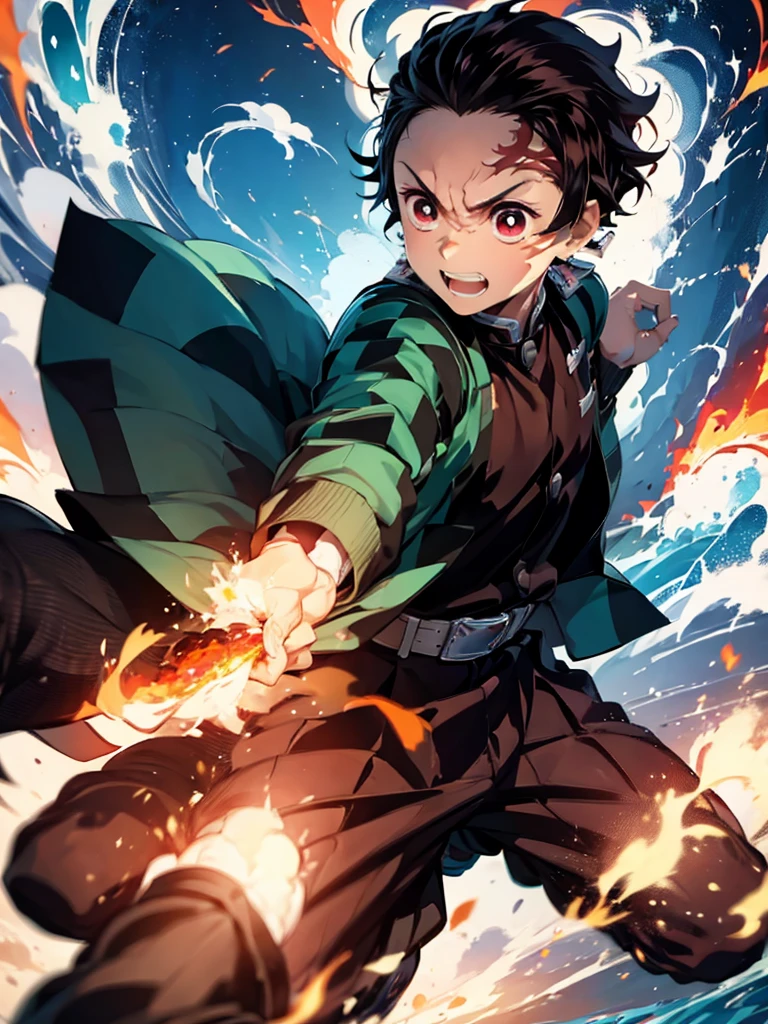 Boy (Tanjiro) using sword, fire coming from sword, happy look,