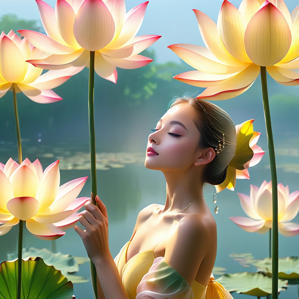 ((only one lotus leaf)),in full growth, Lake surface,gold,pink,Vein,Glass texture、world,world谱world, Gradient translucent molten glass, caustic, clean, on a white background, image in profile, young girl, in a dance pose, beautiful body, blondes, Beautiful face, in a yellow, very wide gauze dress, veils of pink and white lotus petals, neckline, develops, holding one giant yellow lotus in his hands, on a long stem, from the very feet, straight legs in stiletto heels, daylight, worldовой эффект, minimalist, elegant, pure pallor and tenderness, soft lighting, realistically, Smoke effect, Fog, pass-through)),masterpiece, atmospheric perspective, 8k, super detailing, accuracy, Best quality