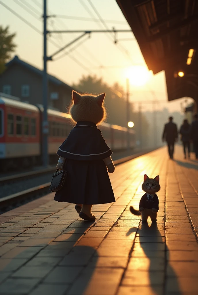 35mm lens,Multiple angles,Back,side,silhouette,Overhead shot,Cat,Standing,doll,Carrying a small school bag,tram,Hokkaido,Autumn Station,Wooden house,Platform, cloak,Ruan Jia,Suit,tie, (Delicate face), (Fine fluffy fur),(35mm Cinema Lens),(Multi-angle shooting),(many viewing angles)