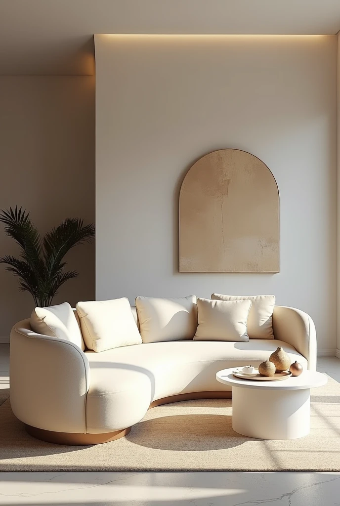 Professional 3d architecture rendering design of modern and minimal light cream velvet   Modern and chic big curve shape sofa and white slab stone marble table and modern accessories and modern painting wall 