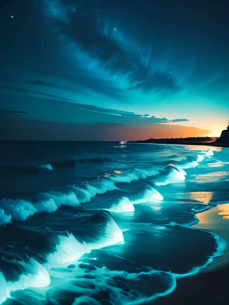 a close up of a beach with a light on the shore, makes the sea area glowing water, blue bioluminescence, bright blue glowing water, glowing water, glowing blue, glow wave, bioluminescent glow, [ bioluminescent colors ]!!, bioluminescent skin!, neon bioluminescence