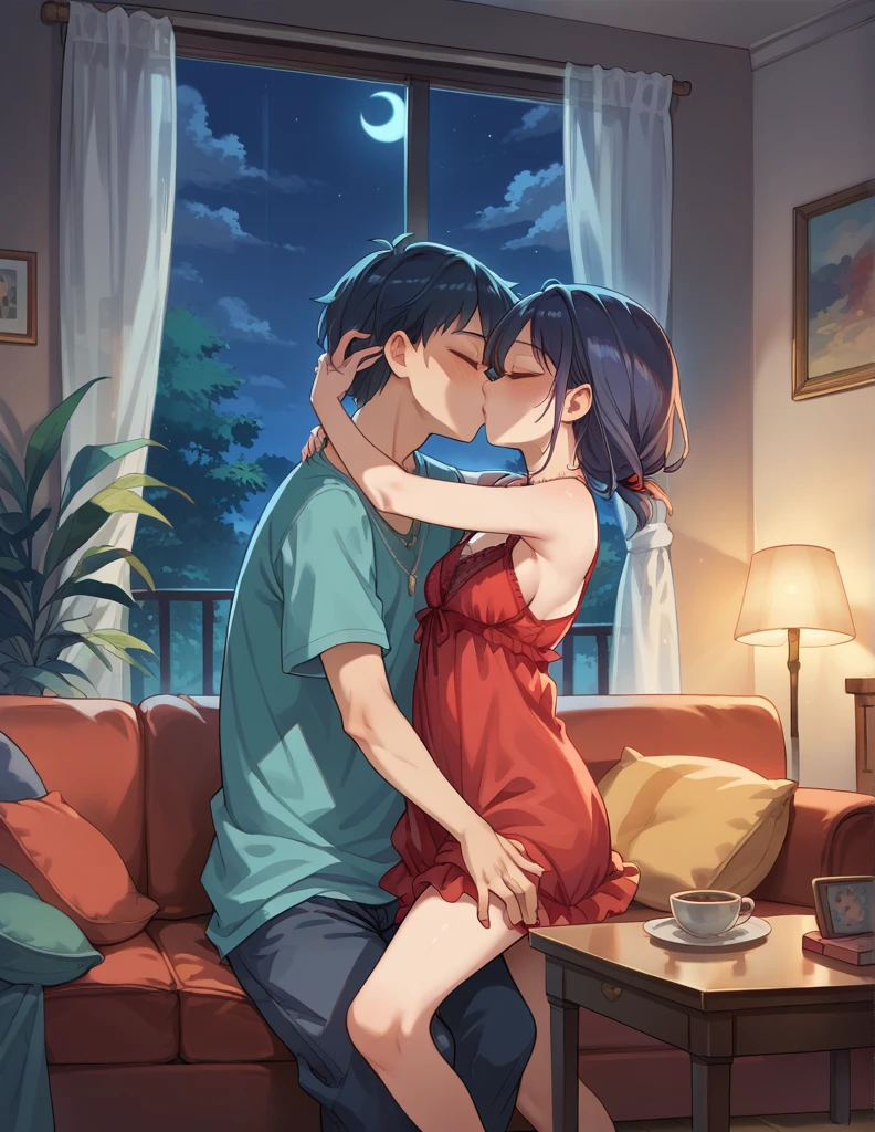 score_9, score_8_up, score_7_up, source_anime, 1boy, 1girl, in a sexy red negligee, necklace, kid, kissing , romantic, night time, in the living room, against the wall