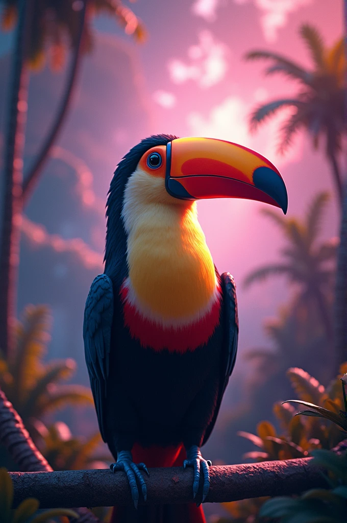Make a realistic image with a 90s theme, where in the image there is a toucan in the center in the light thread and in the background I have a periphery