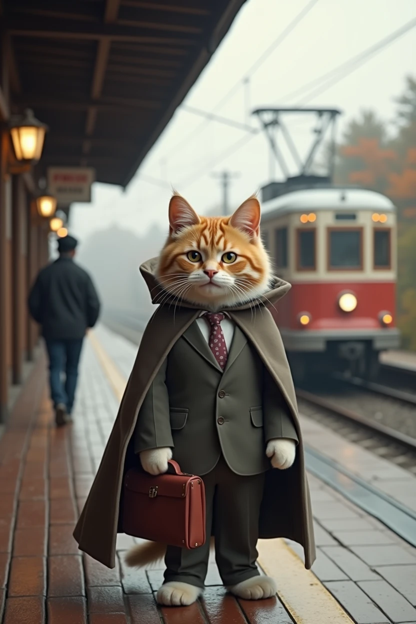 35mm lens,Cat,Standing,doll,Carrying a small school bag,tram,Hokkaido,Autumn Station,Wooden house,Platform, cloak,Ruan Jia,Suit,tie, (Delicate face), (Fine fluffy fur),(35mm Cinema Lens)