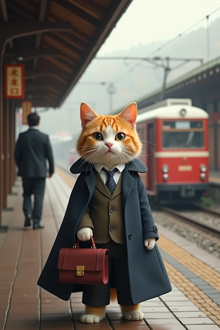 35mm lens,Cat,Standing,doll,Carrying a small school bag,tram,Hokkaido,Autumn Station,Wooden house,Platform, cloak,Ruan Jia,Suit,tie, (Delicate face), (Fine fluffy fur),(35mm Cinema Lens)