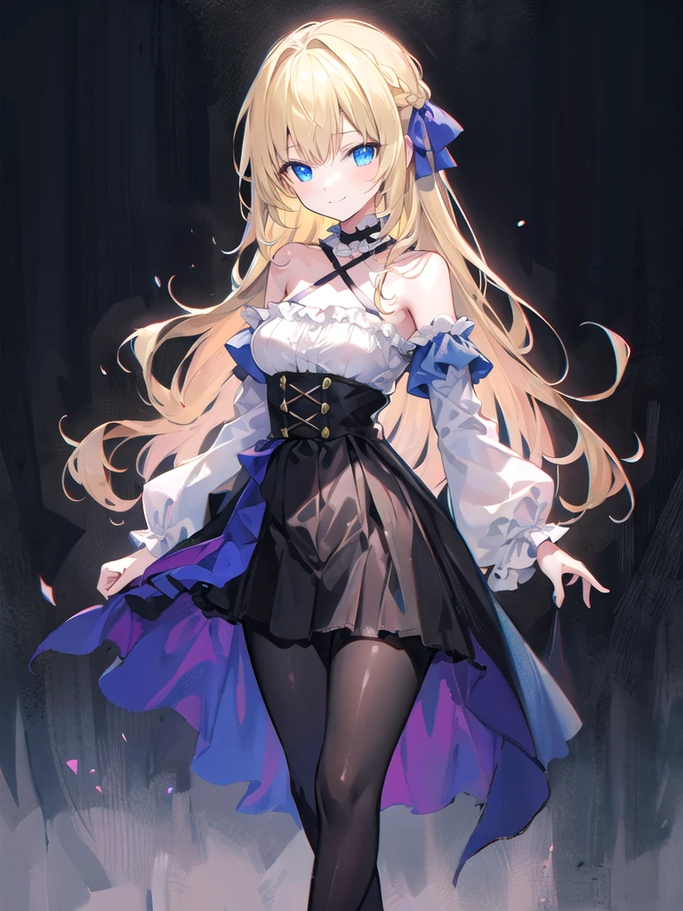 ultra detailed, masterpiece, best quality, solo, soft smile, light smile,
1girl, blue eyes, very long hair, blonde hair, long blonde hair, french braid, bangs, medium breasts,
hair ribbon, frilled choker, criss-cross halter, sleeveless dress, high-waist skirt, backless dress, waist bow, detached sleeves, frilled sleeves, wide sleeves, pantyhose, patterned legwear, mary janes, watercolor, lineart, rough sketch, RGB, chromatic aberration,