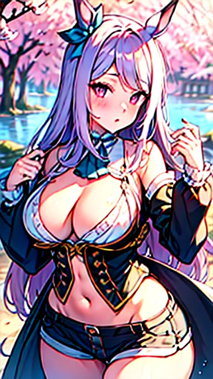 hanafuda, (ukiyo-e, cowboy shot, female focus, 1girl, , nude, plum blossom printed bikini, huge breasts, cleavage, thighhighs, blunt bangs, black hair, long hair, straight hair, hime cut, red eyes, curvy:1.1), (Her porcelain skin glows softly against the artful scenery behind her.
The woman is wearing an exquisite bikini that looks like it's made of lacquerware, with a glossy black background adorned with delicate plum blossom designs. The plum blossoms are painted in a soft pink gradation, capturing the ethereal beauty of the early spring bloom.
The background is reminiscent of a classic ukiyo-e print, with bold outlines and flat color planes. Soft pink and white plum blossoms are scattered across the scene, some floating gently in the air. In the distance, there are misty, blue mountains, and a river flows through the landscape, with a wooden bridge arching over it. The sky is a pale yellow, indicating the first light of dawn.
The overall composition is balanced and harmonious. The details in her bikini and the background create a rich, layered visual experience that pays homage to traditional Japanese art styles.:0.95), safe, newest, masterpiece, very aesthetic