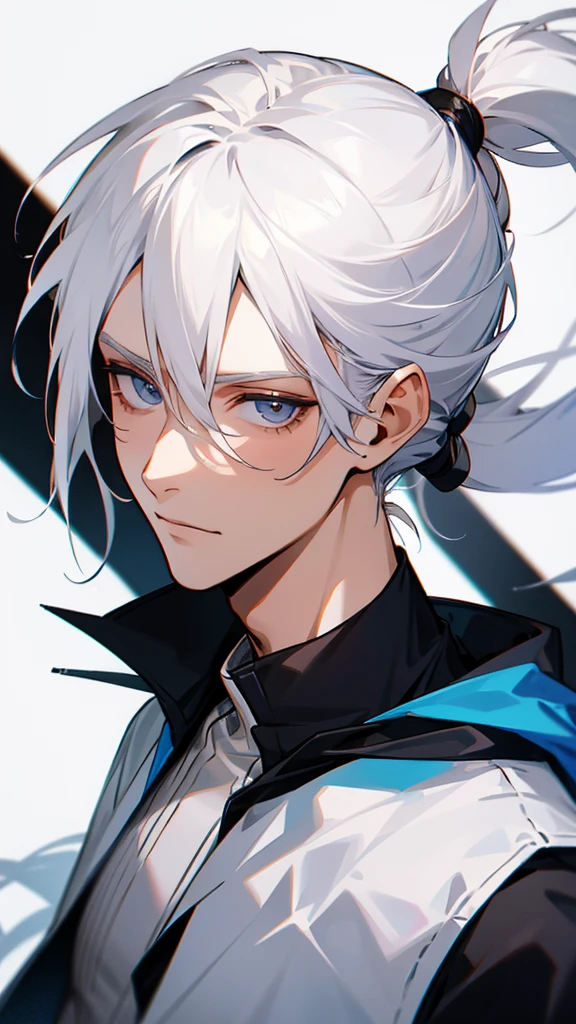 Male 37 years old, white hair with a ponytail