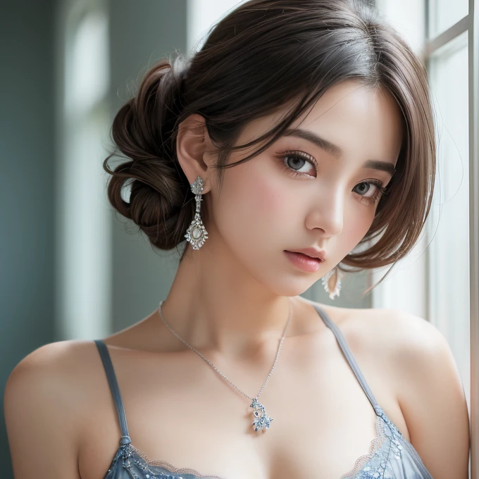 White lace bra,(See through)、Small breasts, High leg underwear 1.5、(((とてもエレガントでbeautiful, Perfect detail, Very detailed))), whole body, The most detailed girl, Written boundary depth, 美しくdetailedなwhole body, Thin legs, 1 person, 30 years old, Very short hair, Spiked Hair, Gray and silver hair, beautiful detailed hair, Perfect Face, Expressionless, beautiful, detailed, Deep Eyes, Open your mouth a little, Delicate arms and hands, Pale skin, Earrings, beautiful and gorgeous necklace, Colorful background, HD background, Blurred Background, とても繊細でbeautiful, masterpiece, (((Highest quality, とてもbeautiful8K CG壁紙))), (((Trendy hairstyles))), (Inside the room,Stylish interior,window),(((Gravure Posing 1.5)))、Mid-shot photo 1.5、