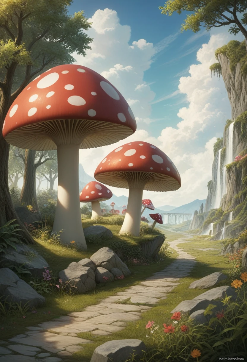 Anthropomorphic mushroom. Official Art – Charecter profile. An Award-Winning Digital Masterpiece In 4K Ultra HD, Extreme Detail And Intricate Realism. Symmetrical Face. This Concept Art Brought To Life By The Hands Of Artists Like Wlop & Artgerm In A Stunning 2D Vector Illustration.Background Is A Panoramic Vista.