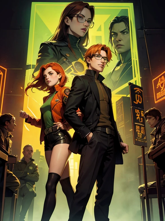 Poster for the film "Matrix, only 2 old teenage characters in the image, pair, boy and girl, 1 green-eyed cute girl 17 yearith fiery orange hair and 1 brown-haired glasses 17 years old; g next to you, two, dynamic poses, "Matrix" background of green neon hieroglyphs flying down, ((only two characters)), cinematic lighting