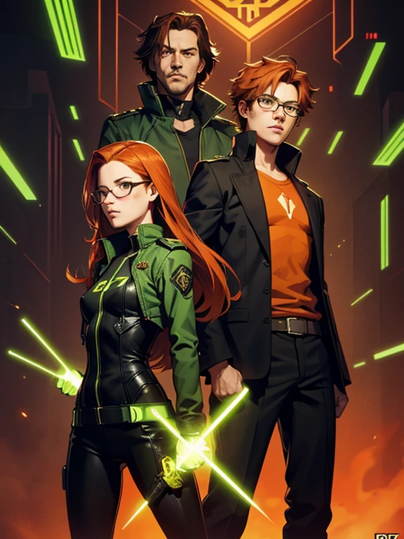 Poster for the film "Matrix, only 2  teenage characters in the image, pair, boy and girl, 1 green-eyed cute girl 17 years ol orange hair and 1 brown-haired glasses 17 years old; Standing  two, dynamic poses, "Matrix" background of green neon hieroglyphs flying down, ((only two characters)), cinematic lighting