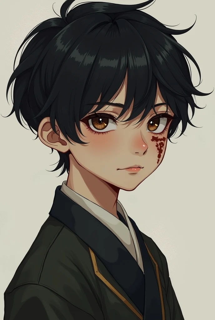 1 boy with wedding clothes black hair dark brown eyes and empty sword-cut scars on the lower part of the right jaw close to the eye.