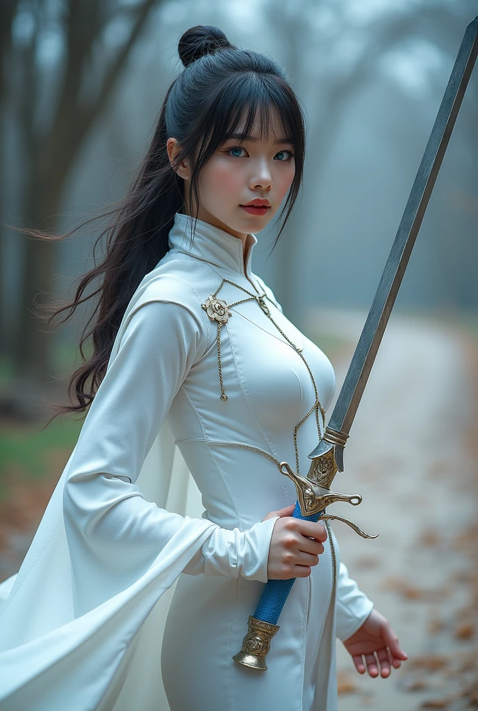 superhero, modern super hero costume, white bat costume, style like a blackbat suit, with a Chinese sword, Beautiful Chinese woman, 20 years old, Chinese woman with bang, with blue eyes, courageous character, Kind, Brave, determination, on the battlefield, atmospheric perspective, Motion blur, 8k, super detailing, Best quality, uhd, high detail