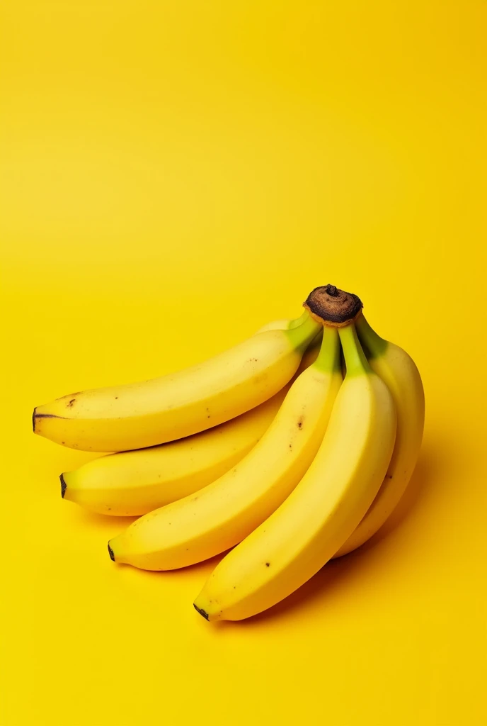 a realistic image of a banana bunch on a yellow background. The bananas should appear medium ripe and ready to eat, with no deformities. The photo should be taken with a Nikon Z7 camera and a prime 80mm lens, using an aperture of f/8 and a shutter speed of 1/125. The image should be well-balanced in composition, following the rule of thirds and the golden ratio. The lighting should be natural and use daylight white balance. The photo should be sharp, well-lit, and high-resolution. Please ensure that the bananas look good, natural, and are displayed in a way that is pleasing to the eye.