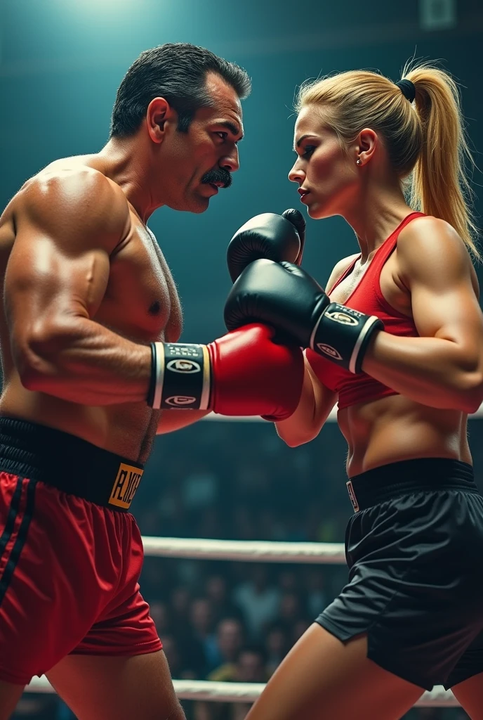 Makes a picture of President Alberto Fernandez of Argentina with his bushy mustache in the ring with a young blonde female boxer
