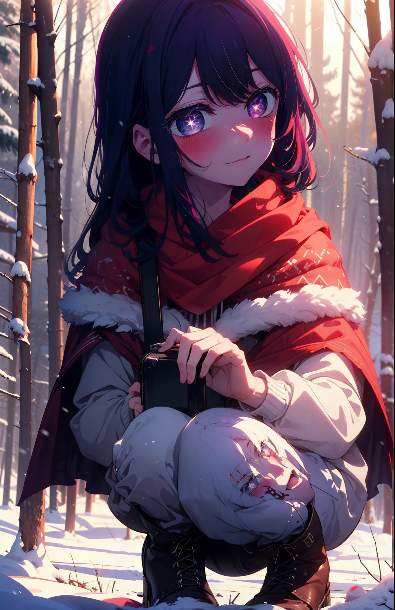 aihoshino, Ai Hoshino, Long Hair, bangs, (Purple eyes:1.1), Purple Hair, (Symbol-shaped pupil:1.5), smile,,smile,blush,white breath,
Open your mouth,snow,Ground bonfire, Outdoor, boots, snowing, From the side, wood, suitcase, Cape, Blurred, , forest, White handbag, nature, Squat, Mouth closed, Cape, winter, Written boundary depth, Black shoes, red Cape break looking at viewer, Upper Body, whole body, break Outdoor, forest, nature, break (masterpiece:1.2), Highest quality, High resolution, unity 8k wallpaper, (shape:0.8), (Beautiful and beautiful eyes:1.6), Highly detailed face, Perfect lighting, Extremely detailed CG, (Perfect hands, Perfect Anatomy),