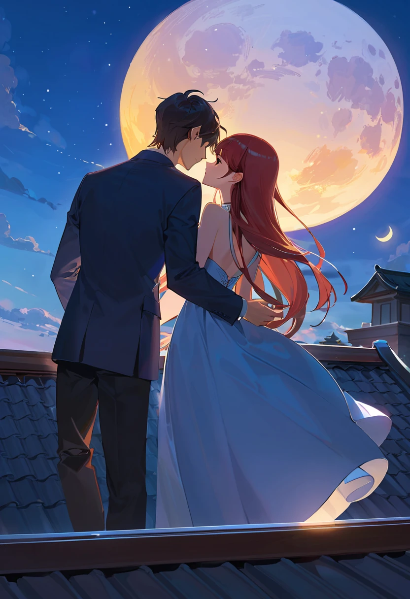 a couple lean on each other and sit on the roof to admire the moon, back view, flat colors, romantic atmosphere, serene, dreamlike, calming, (best quality,masterpiece,offical art:1.2), peaceful, harmonious, intimate, tende