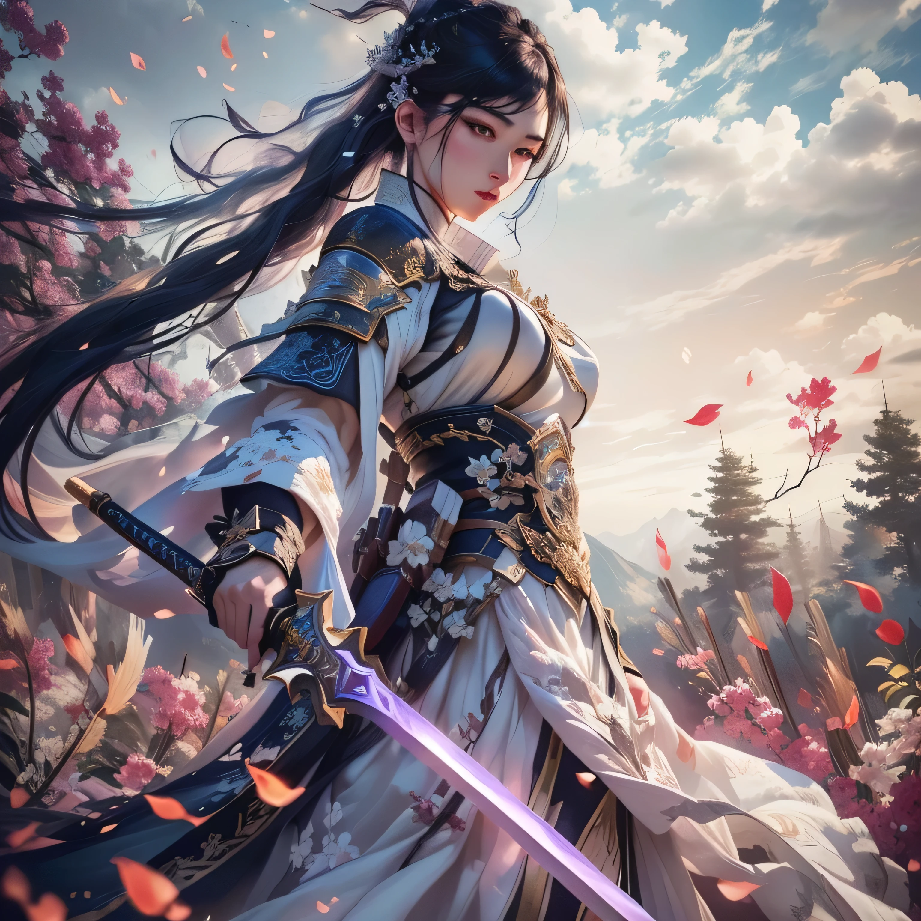 Alafd image，One was wearing a white dress、Woman holding a sword, Beautiful digital artwork, Pan Chengwei on artstation, Epic fantasy digital art style, author：Yang J, Bad guy anime 8k, Epic fantasy HD art, 2. 5D CGI anime fantasy artwork, Beautiful female warrior, 4k highly detailed digital art, Epic and beautiful character art, Beautiful character painting