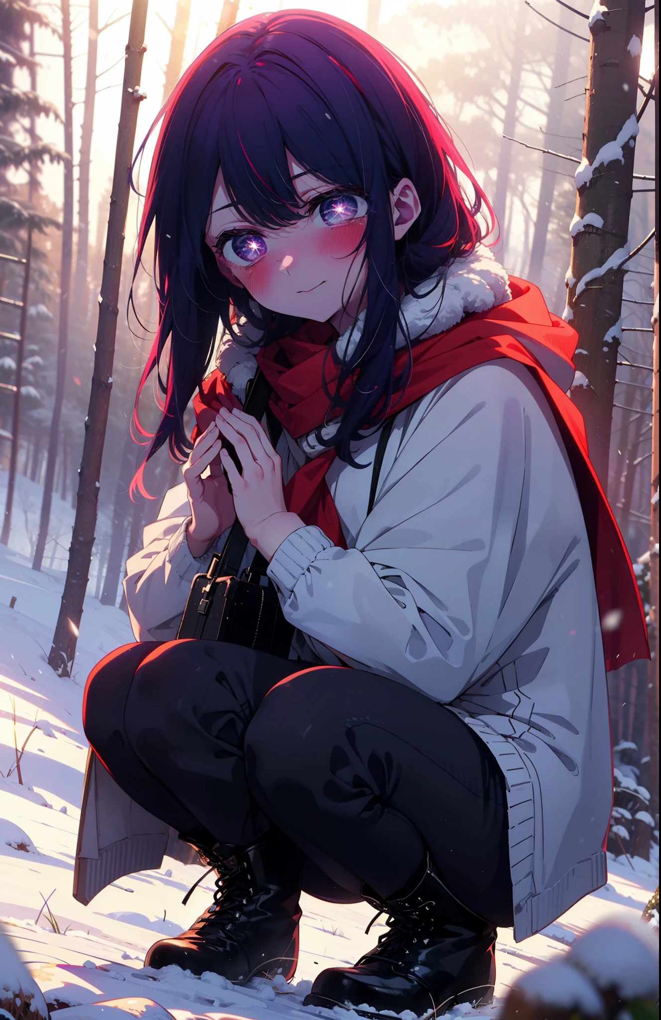 aihoshino, Ai Hoshino, Long Hair, bangs, (Purple eyes:1.1), Purple Hair, (Symbol-shaped pupil:1.5), smile,,smile,blush,white breath,
Open your mouth,snow,Ground bonfire, Outdoor, boots, snowing, From the side, wood, suitcase, Cape, Blurred, , forest, White handbag, nature,  Squat, Mouth closed, Cape, winter, Written boundary depth, Black shoes, red Cape break looking at viewer, Upper Body, whole body, break Outdoor, forest, nature, break (masterpiece:1.2), Highest quality, High resolution, unity 8k wallpaper, (shape:0.8), (Beautiful and beautiful eyes:1.6), Highly detailed face, Perfect lighting, Extremely detailed CG, (Perfect hands, Perfect Anatomy),